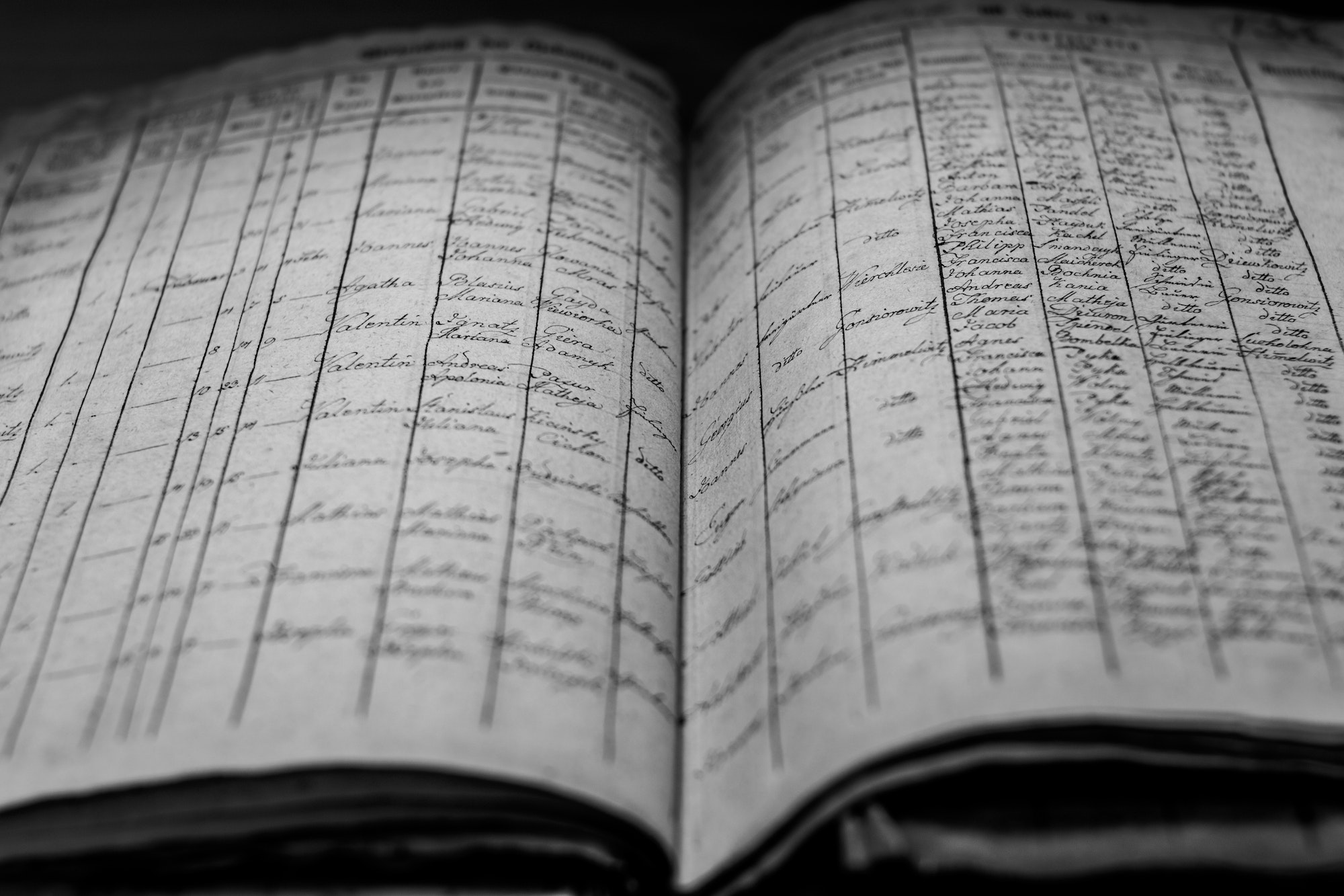 Closeup of an old book of local records with list of residents' names and information