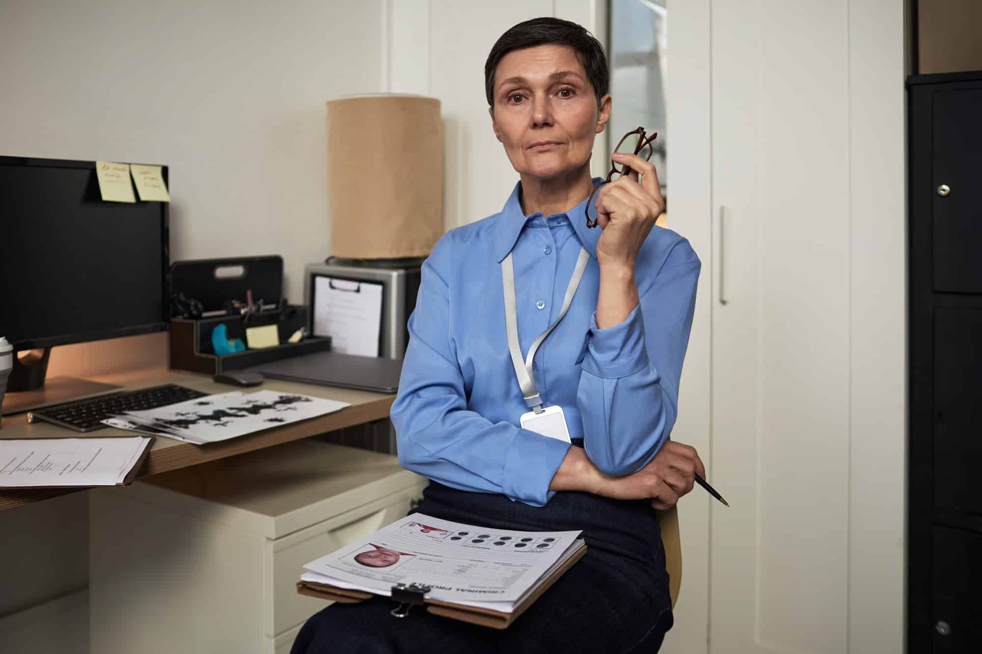 Portrait of Middle Aged Caucasian Woman Sitting in Office Holding Glasses