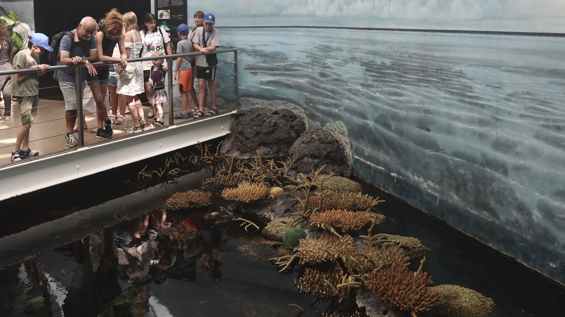 Des familles ukrainiennes en vacances au Portugal visitent l'Oceanário.