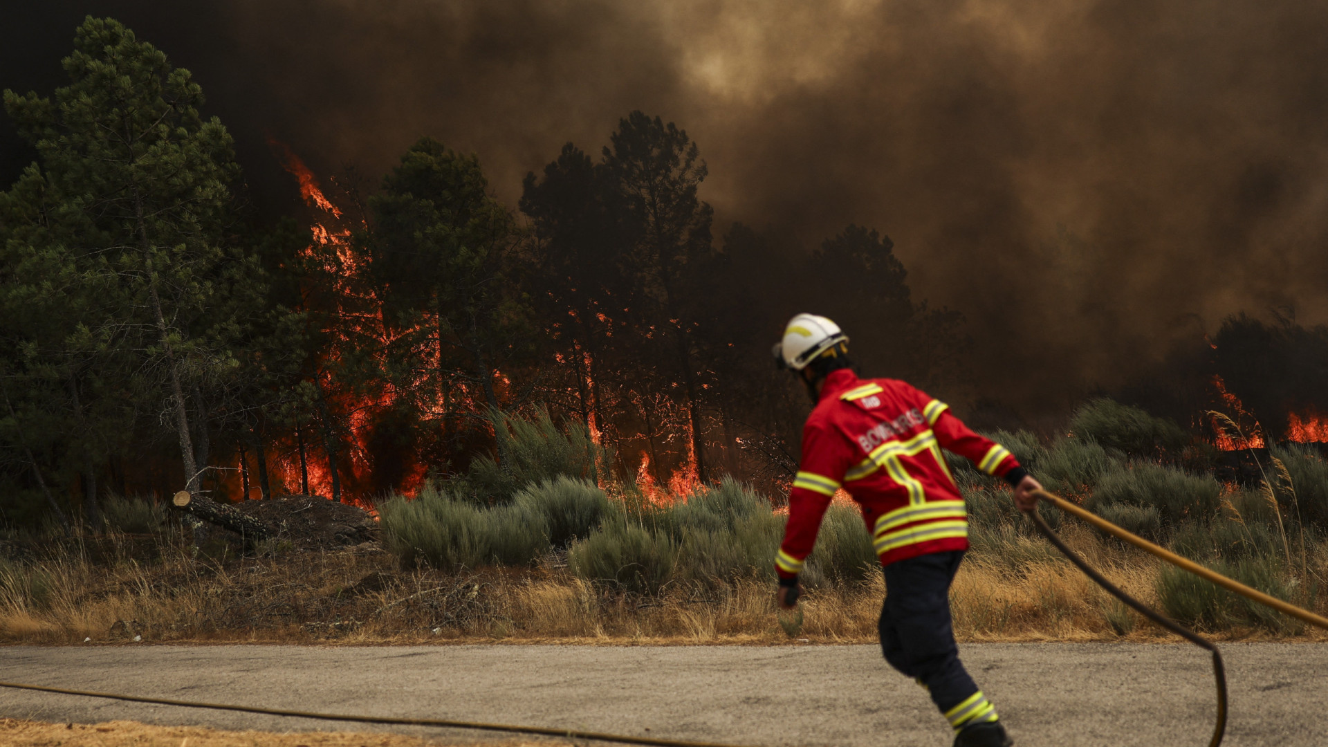 Un incendie fait rage avec intensité à Almeida à cause du vent.