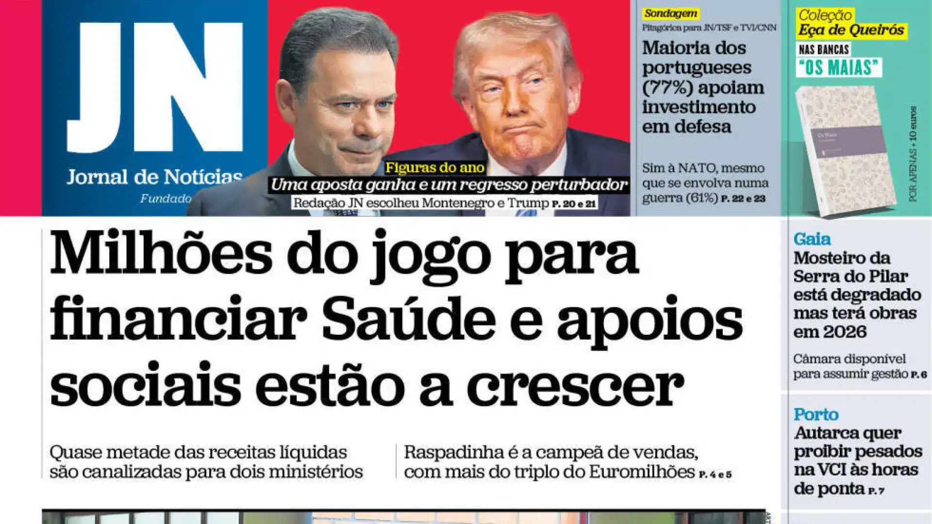 Aujourd'hui à la une: Millions du jeu pour la Santé; Militão a passé Noël chez lui.