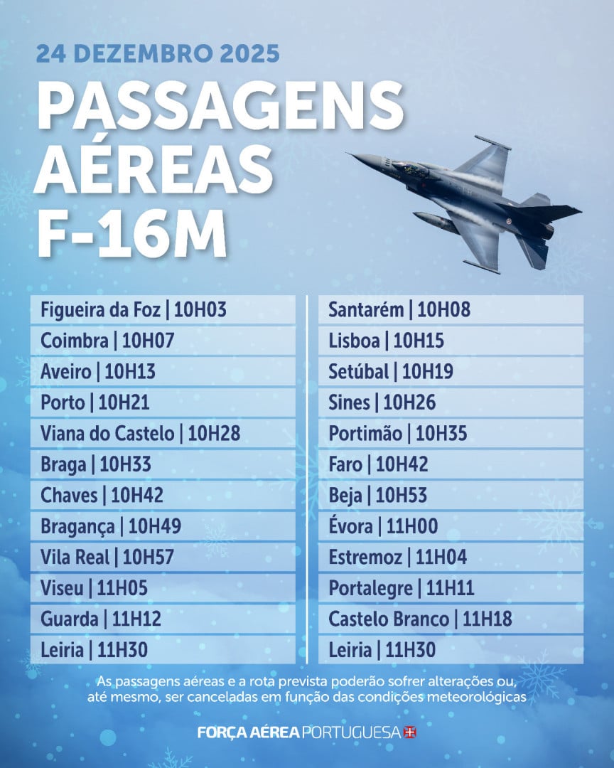 La Força Aérea survole le Portugal pour souhaiter Joyeux Noël. Consultez les horaires.