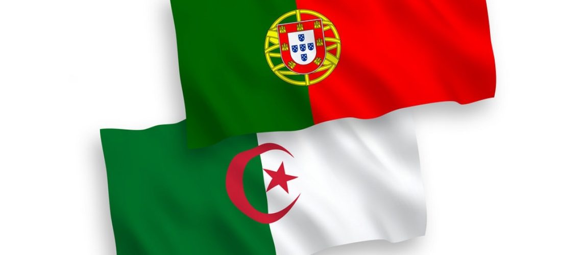 National vector fabric wave flags of Portugal and Algeria isolated on white background. 1 to 2 proportion.